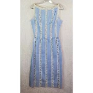 Vintage 1960s Carlye Blue Lace Pleated Sheath Mod Dress Side Zip Midi Sz 2 XS